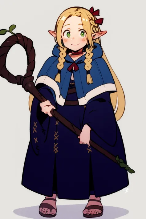 masterpiece, best quality,  <lora:marcille:1>,1girl, pointy ears, blonde hair, elf, solo, long hair, braid, staff, sandals, green eyes, twin braids, smile, robe, hood, white background, full body, dress, capelet, ribbon, simple background, looking at viewe...