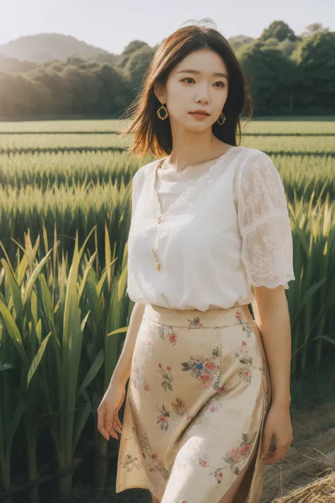 1girl,best quality,masterpiece,realistic,highres,absurdres,Photographic,realistic,floral skirt,outdoor background,bokeh,natural light,bright light,rice field background,gold jewelry,<lora:FUJICOLOR Super HR 100:1>,