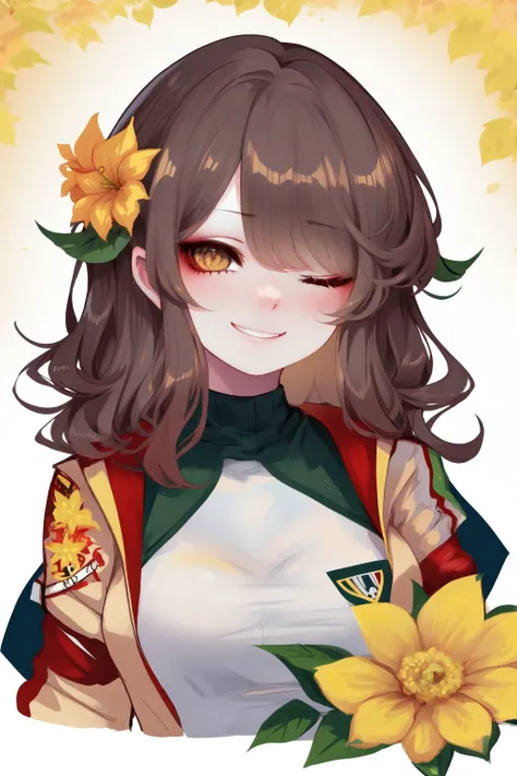 portrait,  solo, 1girl, one eye closed (winking), brown hair, curly hair, golden eyes, bronze letterman jacket, Daffodil (flower), floral background <lora:Sheya_style_v01.10.10.01:1>