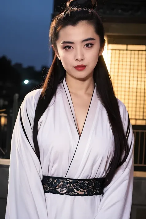 ãã¹ã¿ã¼ãã¼ã PHOTOREALISTIC REALISTIC,masterpiece,best quality,highres,ultra detailed,8k,upper body,1woman,white hanfu dress,(classical long hair),hair ornament,hair bun,looking at viewer,makeup,chinese building,night,dark background,<lora:wangzux...