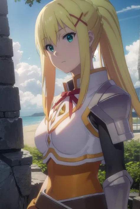 lalatinadustinessford, <lora:lalatina dustiness ford movie-lora-nochekaiser:1>, 
lalatina dustiness ford, darkness (konosuba), long hair, (green eyes:1.3), blonde hair, hair ornament, ponytail, braid, x hair ornament,
BREAK gloves, armor, bodysuit, shoulde...