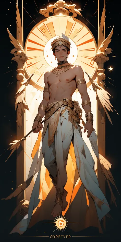 abstract art,vector art style, border, geomtery symmetery,<lora:sxz-niji-v2:0.6> , handsome male model,ancient greek theme, jewelry choker, cute, happiness, joy, banner, card art style, theme, apollo, greek god,( topless male:1.4), smooth and soft skin <...