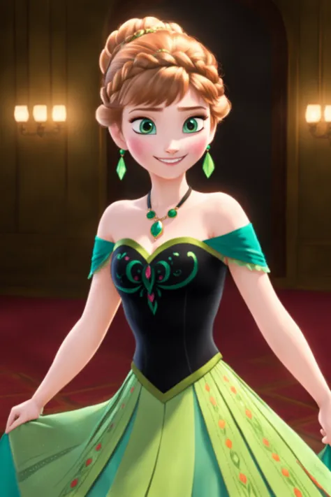 (masterpiece),(highest quality),highres,(an extremely delicate and beautiful),(extremely detailed), 1girl, solo, anna of arendelle, bare shoulder, black bodice, green skirt, necklace, updo, ball room, light smile, dancing, looking at viewer, <lora:Frozen...