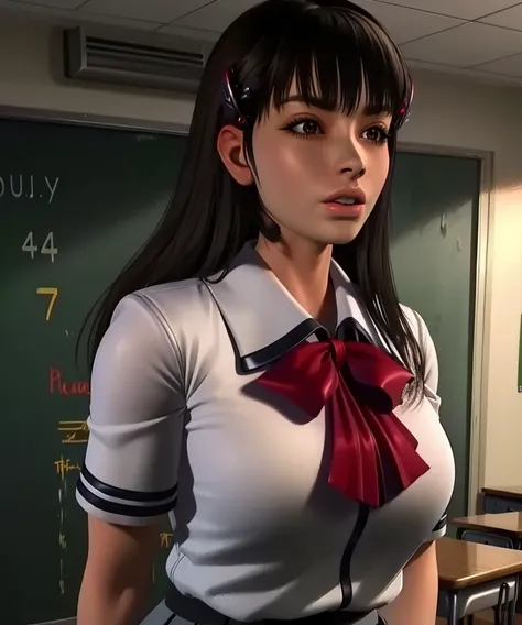 anime girl in uniform posing in front of a classroom