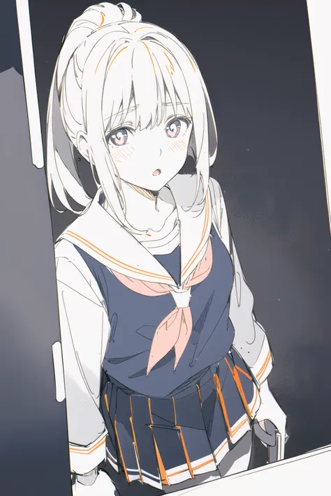 1girl, open_mouth, school_uniform, eyes, blush, solo, bush, serafuku, sailor_collar, looking_at_viewer, collarbone, bangs, sidelocks, hair, sailor_collar, dutch_angle, ponytail, :o <lora:style_AnimeOriginal:1>