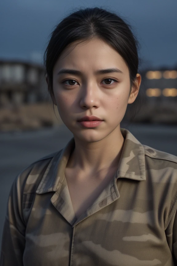 5. "Female soldier (ethnicity: Hispanic, age: 30s) in a war-torn city at dusk (setting: desolate, ravaged). Shes in battle-worn uniform (fabric: camouflaged, damaged) with her hair tightly pulled back, and a face marked with grime and minimal makeup. Shes ...