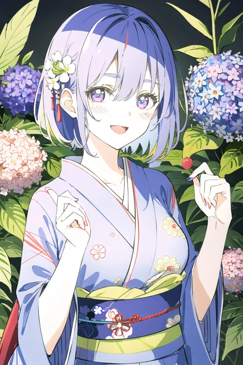multicolored, mash_kyrielight, japanese_clothes, kimono, 1girl, flower, hair_ornament, open_mouth, floral_print, smile, solo, morning_glory, short_hair, yellow_kimono, hair_flower, hydrangea, bamboo, print_kimono, purple_eyes, sash, looking_at_viewer, purp...
