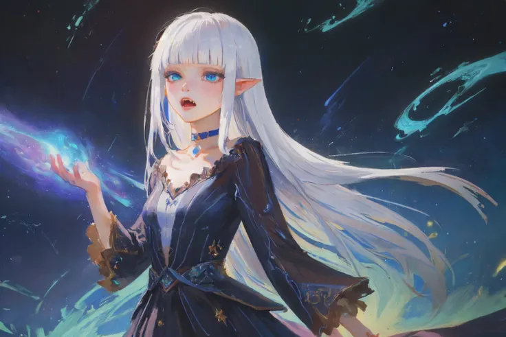 post-impressionist, high quality, colorful, masterpiece
starry sky,
cosmic storm, chaos, fantasy, large scale magic, magic particles, 1girl, solo, (small breasts, open hair, long hair, straight hair, white hair, blunt bangs, azure eyes:1.3), pointy ears, l...