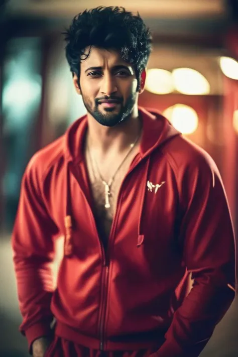 mahesh babu a man <lora:Rohit-Saraf_Mahesh-Babu:1>, realistic photo , in a worn ((red tracksuit, massive hairy pecs)), big pecs, big arms, ((light bokeh)), intricate, (steel metal [rust]), elegant, exuding sexual energy, homoerotic, sharp focus, photo by g...