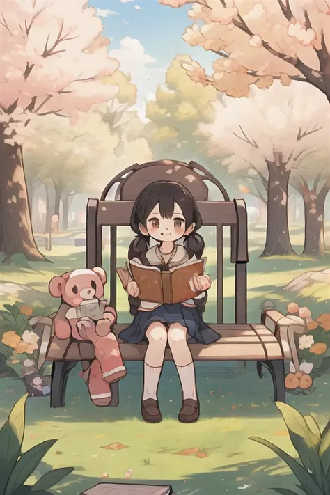 ((A child,small cute plush ball erringsï¼pigtailsï¼jumper skirt,A charming smile,reading picture-story book)),Parks, lawns, cherry trees, benches, masterpiece, best quality, <lora:noline:-1>, jianbihua, marketingflat, marketingflattexture,