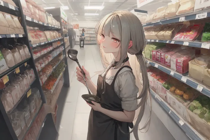 (mung bean soup) (best quality, high quality:1.4), anime, solo, 1girl in supermarket stall, ladle