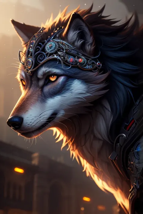 Imposing lustrous wolf, best quality, extremely detailed, colorful, neon, sci-fi, steampunk, cinematic, colorful background, concept art, dramatic lighting, high detail, highly detailed, hyper realistic, intricate, intricate sharp details, octane render, s...