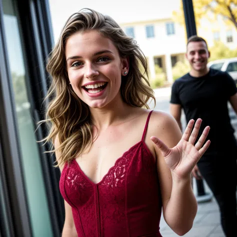 photo of a 18 year old girl,waving hands,happy,laughing,ray tracing,detail shadow,shot on Fujifilm X-T4,85mm f1.2,depth of field,bokeh,motion blur,<lora:add_detail:1>,