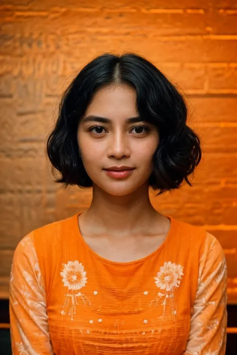 cinematic film still solo, realistic, ((indonesian woman)), ((Teasing, A playful smirk, a raised eyebrow, and a hint of dominance.)), ((1girl)), (((black hair, Curly Bangs Hairstyle))), (((Minimalist fashion))), (((neon lighting))), (((simple orange wall b...