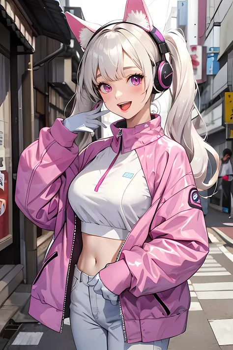 (tokyo alley), solo, very long hair, white hair, open mouth, puffy sleeves,gloves, medium breasts, bangs, jacket, pink eyes, purple eyes, socks, white socks, smile, alice, <lora:NIKKE TetraLine alice v1 epoch-000004:1:NP> best quality, standing, shoes, blu...