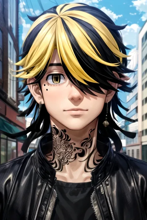 (best quality:1.1), (masterpiece:1.4), photorealistic, , upper body, depth of field, , , 1boy, solo, male focus, <lora:kazutora_hanemiya:0.98>, kazutora_hanemiya, blonde hair, yellow eyes, multicolored hair, black hair, two-tone hair, tattoo, hair over one...