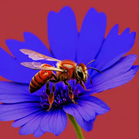 a red bee, blue flower, photograph fashionable  <lora:colorxl:1.6>