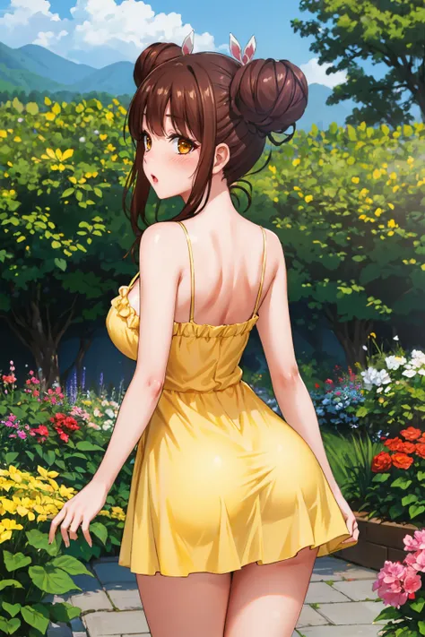 masterpiece, best quality, <lora:fujinokinene-nvwls-v1-000009:0.9> fujinoki nene, brown hair, double bun, large breasts, (yellow sundress), from behind, garden, :o, blush