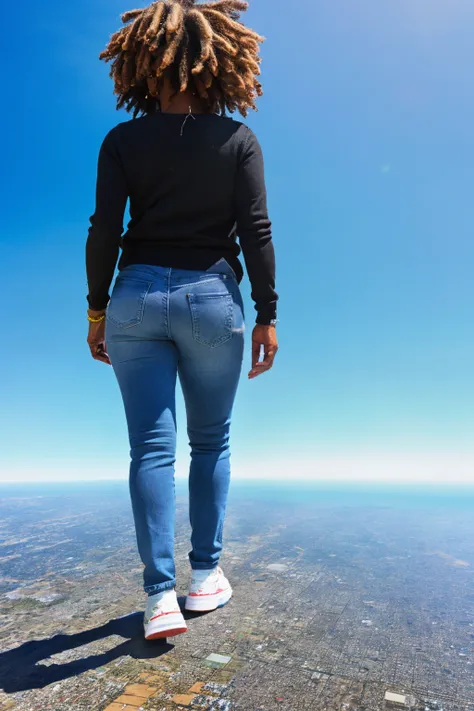 giga giantess, black woman, sneakers, urban sprawl, city destruction, shoeprint, cracked ground, blue sky, walking, shot from behind, jeans, sweater, sneakers, dreadlocks <lora:gb13:0.8>