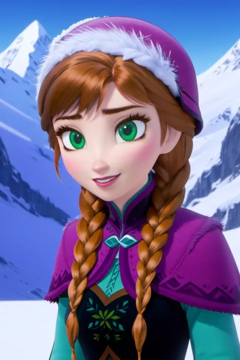 (masterpiece),(highest quality),highres,(an extremely delicate and beautiful),(extremely detailed), 1girl, young woman, solo, anna of arendelle, green eyes, purple cap, twin braids, winter mountain outfit, mountain, snow, ice,
(looking at viewer:1.3),smirk...