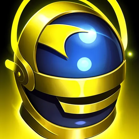 HEZIï¼LOL game style, dress up icon, game icon, no humans, solo, pokemon (creature), yellow background, full body, shiny, blue eyes, glowing, gold, gem, light particles, simple background, floating, armor, signature, helmet, yellow theme, looking at viewe...