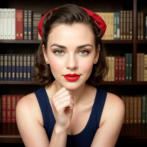 ((upper body portrait)),Photography by Garry Winogrand, a beautiful busty young woman Wearing Saddle Shoes,Wearing Navy Blue Berets,Sporting Victory Rolls Hairdo,Inside a 1950s Public Library: Packed bookshelves, green-topped tables, librarian, pale skin,h...