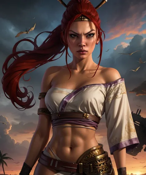 Nariko,long red hair,ponytails,solo,upper body,serious expression,
midriff,gloves,white panties,belt,off shoulder,white dress,revealing clothes,belt,gloves,
morning,battlefield,wind, dusk, 
(insanely detailed, beautiful detailed face, masterpiece, best qua...