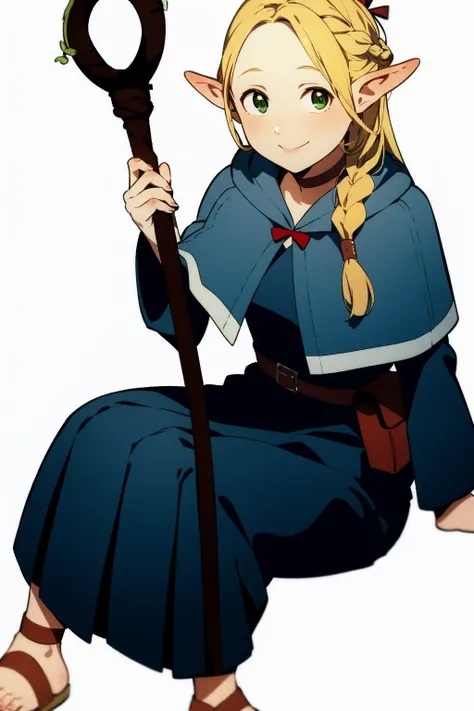 masterpiece, best quality,  <lora:marcille:1>,1girl, blonde hair, pointy ears, solo, staff, green eyes, elf, braid, long hair, smile, sandals, sitting, belt, looking at viewer, white background, simple background, dress, pouch, bag, capelet, robe, hair orn...