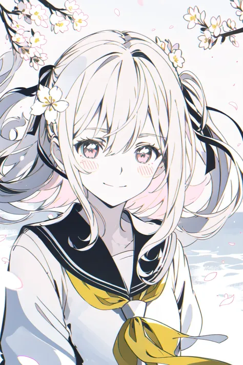 close-up, face_focus, face, cherry_blossoms, outdoors, day, spring_(season), 1girl, white_hair, multicolored hair, solo, bangs, blush, looking_at_viewer, long_hair, branch, eyebrows_visible_through_hair, floating_hair,hair_between_eyes, sailor_collar, whit...