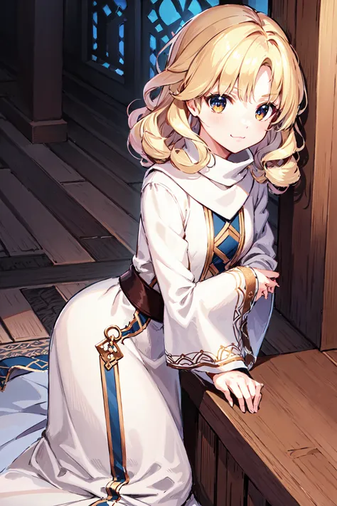 arms at her side,cheek-to-cheek,:3,child,<lora:yuliyaV2:0.85>, yuliya, wavy hair,curly hair,boots, white robe,,wide sleeves,turtleneck,chapel,(masterpiece, best quality, ultra-detailed, best shadow)