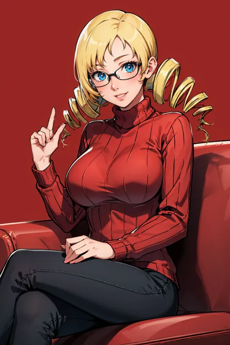 masterpiece, best quality,  <lora:catherine-nvwls-v1-000009:0.9> catherine, drill hair, large breasts, red sweater, cable-knit sweater, black pants, sitting, couch, red background, smile, glasses