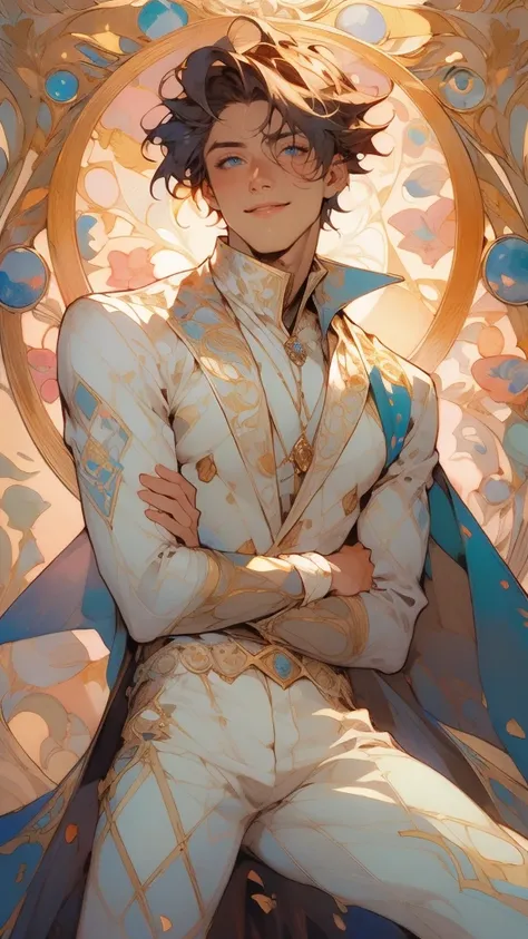 (water paint art style), <lora:sxz-niji-v2:.6> , 20 year young male prince, white shirt,, male, , tight clothes,high neck,smile, firm medium pecs, pants, combed hair,seductive smile, sapphire necklace, full lips, detailed blue eyes, ,dark blonde hair
, c...
