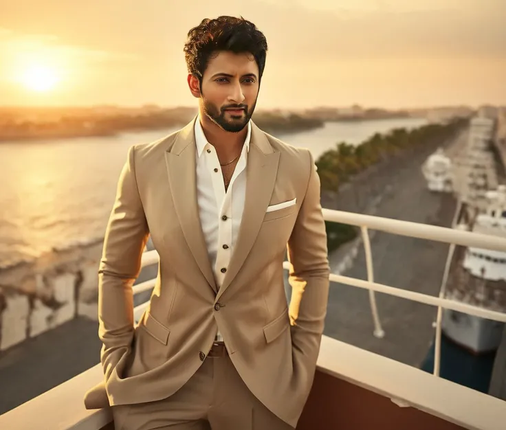 Nautical-themed (Photo:1.3) of (Ultrarealistic:1.3) <lora:Man_Men_FFashion:1> mahesh babu a man <lora:Rohit-Saraf_Mahesh-Babu:1> in a tan suit standing on a balcony, sun behind him, inspired by Pablo Munoz Gomez, shot at golden hour, editorial photograph, ...