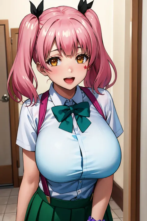 masterpiece, best quality,  <lora:fujinokinene-nvwls-v1-000009:0.9> fujinoki nene, pink hair, twintails, (star facial tattoo:0.8), green bowtie, suspenders, white shirt, collared shirt, green skirt, bracelet, :D, upper body, large breasts, hallway, looking...