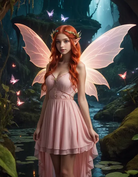 (close shot, zoomed in upper body portrait:1.3) photo of a smiling, (closed mouth:1.5) romantic cute toned young 19 year old (fae fantasy style:1.5) (Syrian:1.3) (fairy elf woman:1.5) with long wavy trimmed red hair (tiny breasts:1.3), toned ass, (fairy wi...