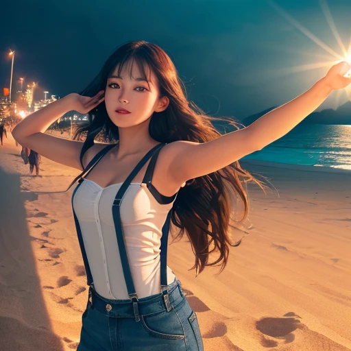 ((girls throw long hair, open their arms, suspenders, beaches, the center of the canvas, look at me)),(backlight),(best illumination, best shadow,,, masterpiece,best quality,CG 8k wallpaper,illustration,absurdres, city lights,