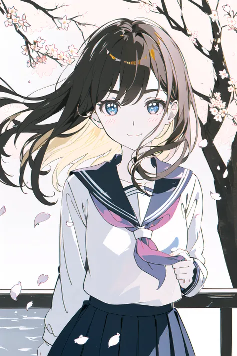 (upper_body:1.5), close-up, cherry_blossoms, outdoors, day, spring_(season), 1girl, smile, solo, bangs, blue_eyes, blush, closed_mouth, looking_at_viewer, long_hair, brown_hair, branch, eyebrows_visible_through_hair, floating_hair,hair_between_eyes, blue_s...