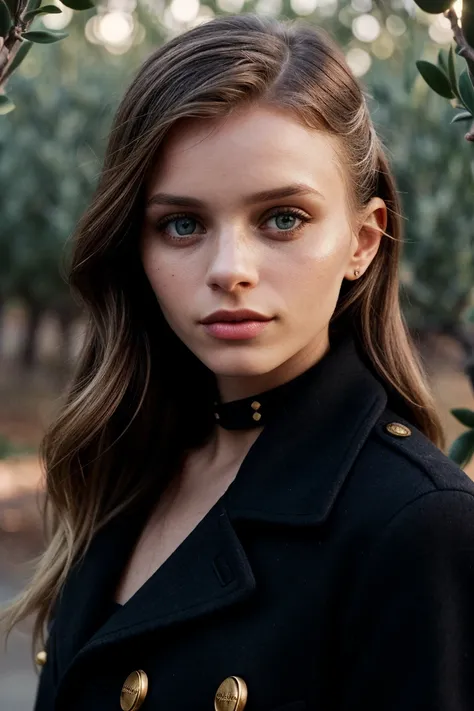 photo of (abb3yl33-135:0.99), a beautiful woman, closeup portrait, perfect hair, (modern photo, Hot Pink Wool-blend pea coat in a classic navy or black color with gold buttons), 24mm, (analog, cinematic, film grain:1.3), (A sunlit olive grove:1.2), detaile...