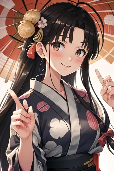 best quality, masterpiece, highres, solo, {yukata:1.40}, {kimono:1.20}, {shouhou_kantaicollection:1.15}, long_hair, black_hair, brown_eyes, ahoge, smile, blush, breasts