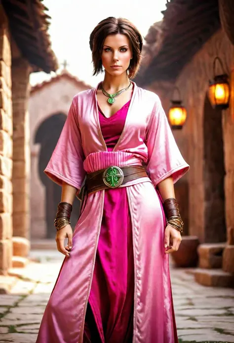 brunette human (monk/fire sorceress) with shortish layered hair, feminine, (green eyes:.7), 58, (130 lbs), (32C-26-34), toned. (Pink/silver attire) wearing a ankh_ruby_amulet. D&D Character, Wide angle, full body pose, photo, masterpiece, HDR, SFW