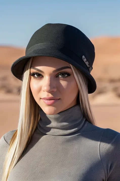 headshot of S140_AthenaFaris_v2,a gorgeous woman,in a (desert:1.1),wearing a (turtleneck-shirt:1.1),(hat),(4k, RAW photo, best quality, depth of field, ultra high res:1.1),(absurdres, intricate, photorealistic, masterpiece, ultra-detailed:1.1),