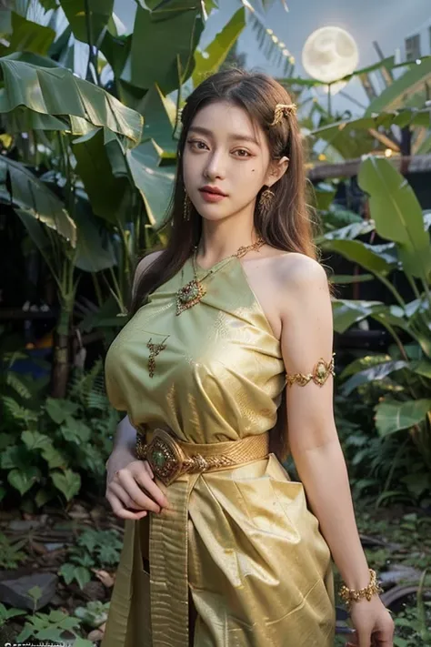 banana_forest, (green Thaidress:1.4), closeup ,detailed background, Depth of Field, volumetric light, crisp focus, Absurd, realistic proportions, good anatomy, (Realistic, hyperrealistic:1.4), HDR 16K, (night:1.8), (moon:1.4), (semi-nude:1.4), (big tits:1....