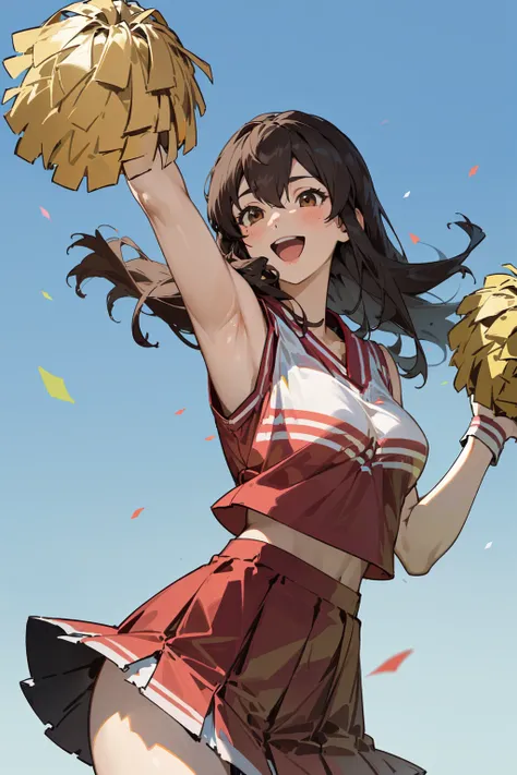 (masterpiece), (best quality), (ultra-detailed), photorealistic, (best illustration), ((an extremely delicate and beautiful)), 1girl, cowboy shot, cheerleader, akagi (kancolle), brown hair, brown eyes, hair between eyes, pom pom (cheerleading), armpits, :d...
