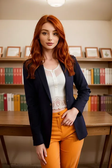 tvLacy_Lennon_v1, standing, in a library, (((wearing a business suit))), full body shot, holding a book, flirting with the camera, ((Photo Focus, DOF, Aperture, insanely detailed character, hypermaximalist,  hyper realistic, )), ((warm light))