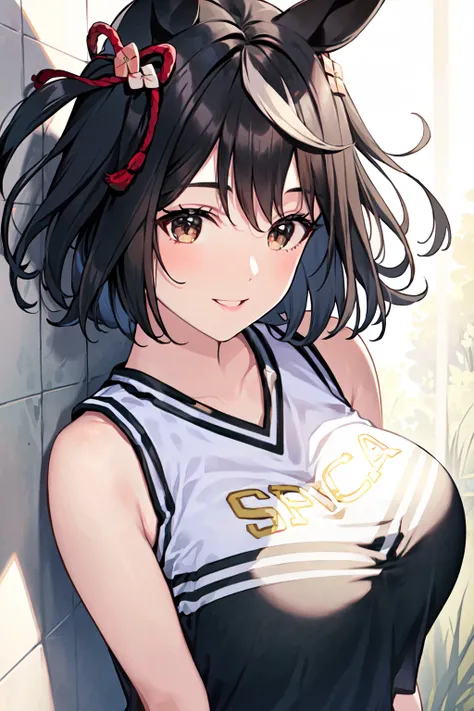 (masterpiece), (best quality), (ultra-detailed), photorealistic, (best illustration), ((an extremely delicate and beautiful)), 1girl, cheerleader, bbkitasan, animal ears, short hair, streaked hair, hair ornament, horse tail, large breasts, from above, <lor...
