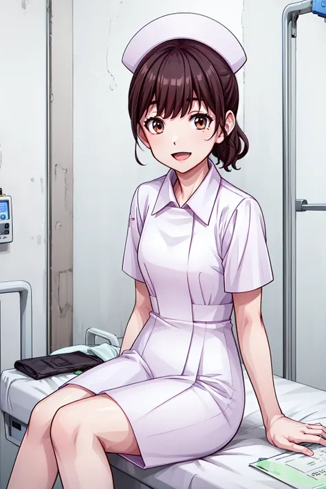 1girl, cowboy shot, sitting, smile, open mouth, (hospital:1.2), 
tantei1_nurse, brown eyes, brown hair, ponytail, nurse, nurse cap, hat, short sleeves, dress, <lora:tantei1_nurse_lora_ver1:0.7>, best quality, masterpiece, highres, <lora:GoodHands-vanilla:1...