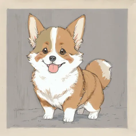 Raw,illustration,(muted color,partially colored:0.8),hand_drawn,detailed linear hatching(texture),official art,recolored,flat color,
cute corgi