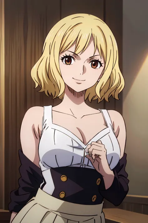 2d, masterpiece, best quality, anime, highly detailed face, highly detailed background, perfect lighting, wano, 1girl, solo, looking at viewer, short hair, wavy hair, bangs, blonde, black eyes, ringed eyes, smile, white top, white cleavage, large breasts, ...