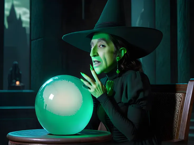 wicked witch sitting in chair gazing at her crystal ball in her castle