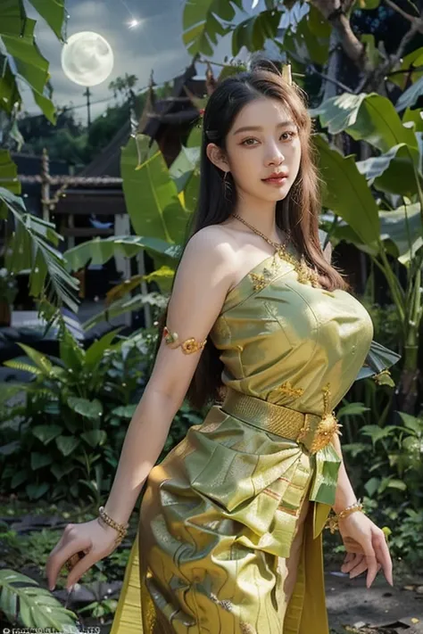 banana_forest, (green Thaidress:1.4), closeup ,detailed background, Depth of Field, volumetric light, crisp focus, Absurd, realistic proportions, good anatomy, (Realistic, hyperrealistic:1.4), HDR 16K, (night:1.8), (moon:1.4), (semi-nude:1.4), (big tits:1....